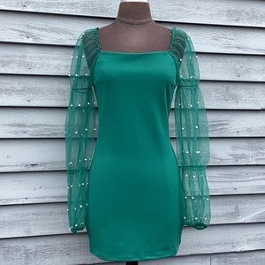 Thirty/Thirty LA Green Dress with Sheer Pearl Embellished Sleeves Small